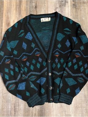 Vintage 1980s London Fog Geometric Cardigan- Eclectic Grandpa Vibes Size L